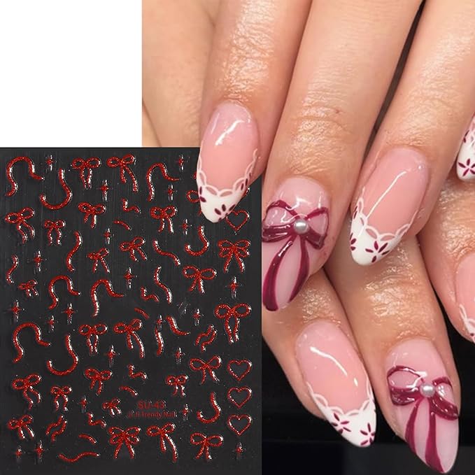 Bow Nail Stickers for Nail Art 3D Self Adhesive Gold Red Laser Star Bow Nail Decals Valentines Nails Sticker Design DIY Manicure Decoration Decal for Women Acrylic Nails 6 Sheets