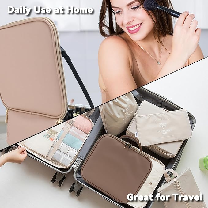 SLUMAZI Travel Makeup Bag with LED Mirror and 10x magnifying glass with 3 Lighted Settings, Adjustable Dividers and Makeup Brush Storage Bag Mocha
