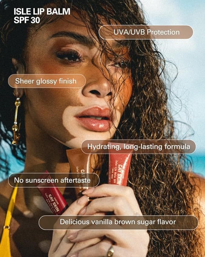 Cay Skin Isle Lip Balm SPF 30 – High Shine, Hydrating + Sheer Lip Gloss in Vanilla Brown Sugar Flavor – Formulated with Natural Ingredients for All Skin Tones – 3-Pack, Coral, 1.05 oz