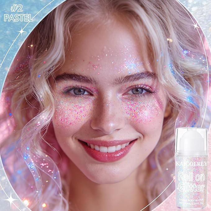Roll-on Holographic Body Glitter Gel for Women, Sparkle Chunky Glitter Makeup for Christmas New Year Festival Halloween Party Rave, Face Glitter Makeup for Face Body Hair Lips (Pastel)