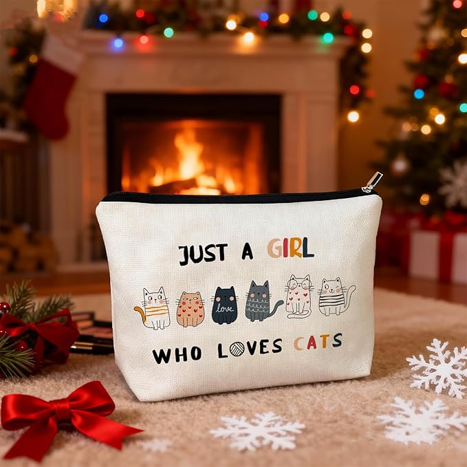 CLHHM Just A Girls Who Loves Cats Makeup Bag for Women Girls Cute Cat Themed Cosmetic Bag for Travel Storage Toiletry Funny Cat Lover Gift for Birthdays Christmas Ideal for Moms Daughters Friends