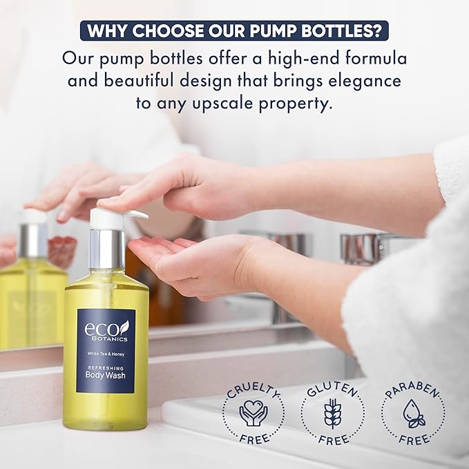 Eco Botanics Hotel Amenities Set | 10.14oz Pump Bottles | Shampoo, Conditioner, Hand & Body Wash, and Lotion | Set of 12