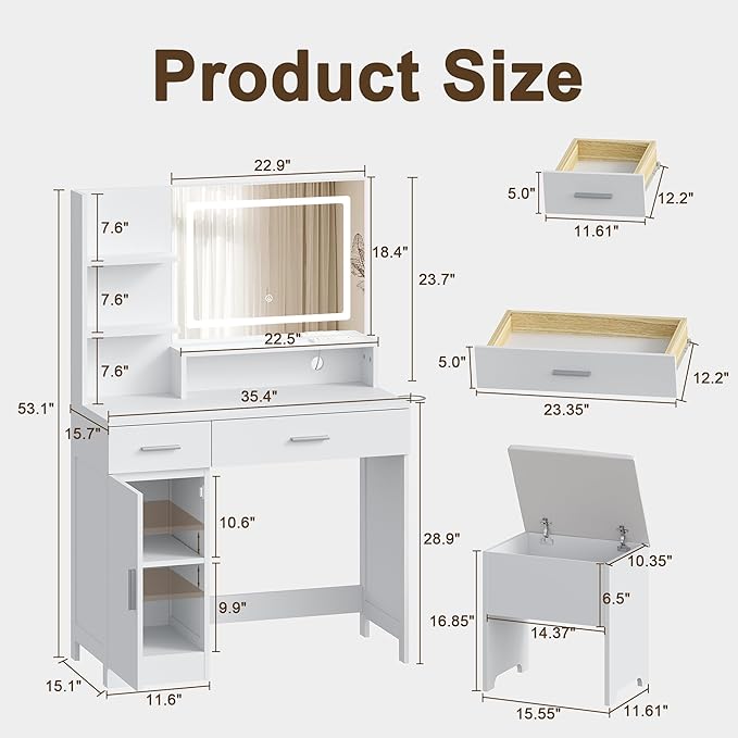 Vanity Desk with LED Mirror and Lights, Makeup Vanity Set with Chair, Power Outlet, Drawers, Cabinet, Dressing Table with Open Storage Shelves and for Bedroom, Dressing Room, White