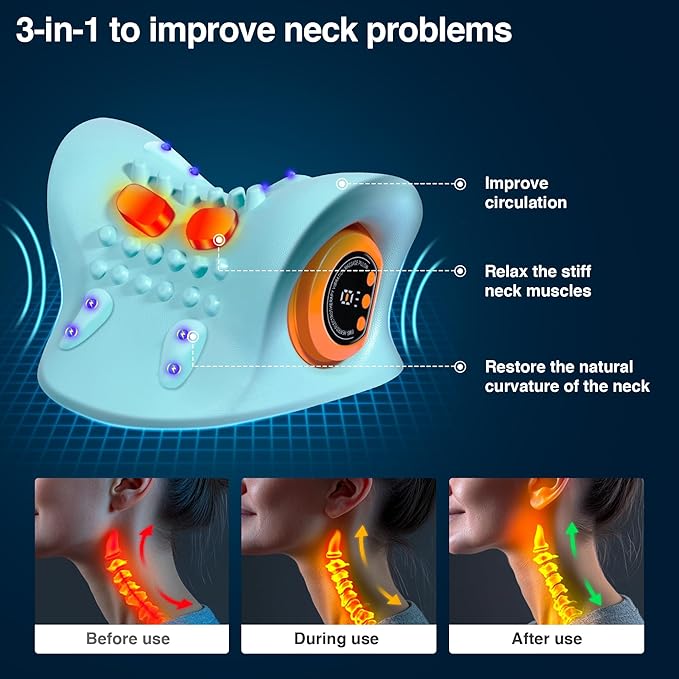 Neck Massager 2025, Neck Stretcher Cervical Traction with Heat, 3 Modes, Portable Massage Neck Hump Corrector for Pain Relief and Muscle Relax, 26° Angle Cervical Traction Device