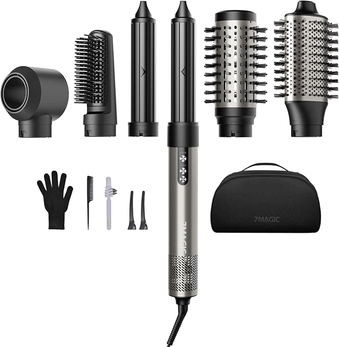7MAGIC Hair Dryer Brush & 6 in 1 Hair Styler, Silver, 110 Volts, 1200 Watts, Ionic Technology, Fast Drying, Multi Styler for Straight, Wavy, Curly, and Coily Hair
