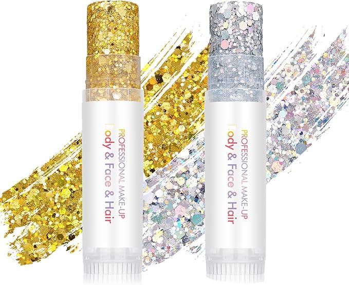 Body Glitter Stick for Face, Body & Hair - Gold & Silver Chunky Sparkle Glitter, 2 Pack | Long Lasting Party Makeup for Festival, Rave, Concert & Cosplay