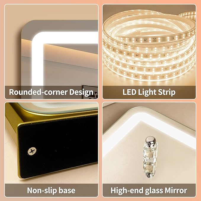 HNV 15"x13" Gold Vanity Mirror with Lights, Small LED Makeup Mirror for Desk, 3 Color Modes & Dimmable Touch Control, 360° Rotation Metal Frame, USB Plug-in Lighted Mirror for Bedroom, Dorm, Teen Gift