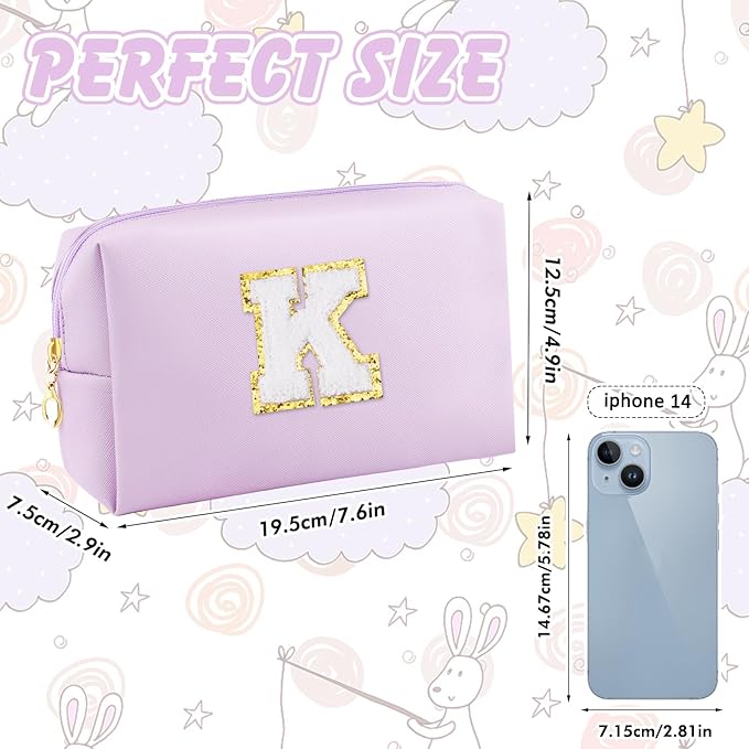 URSKYTOUS Gifts for Girls Initial Makeup Bag Personalized Cosmetic Bag with Zipper Cute Travel Toiletry Bag Waterproof PU Preppy Makeup Pouch Birthday Gift for Teen Girls Women(Purple K)