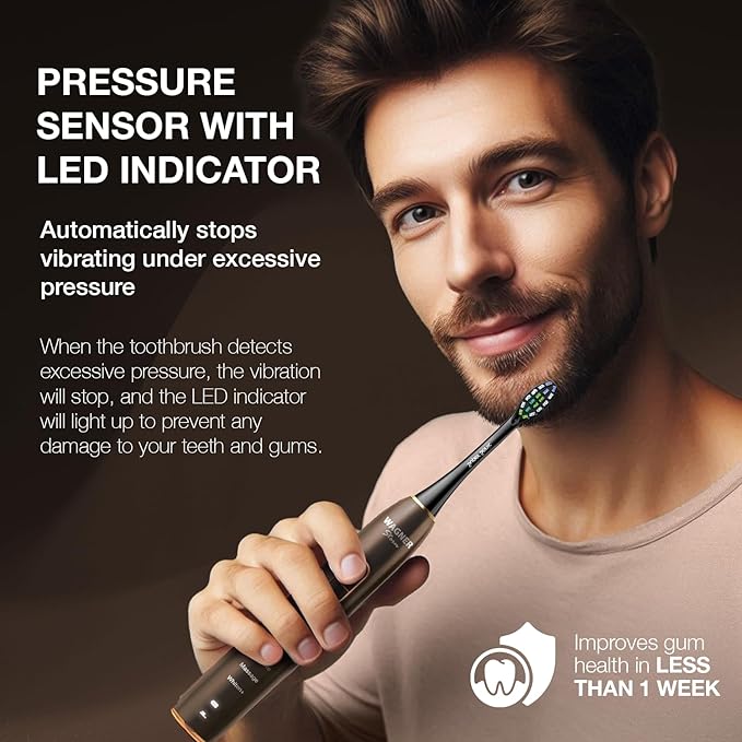 Wagner Stern IntelliBrush Series Whitening Electric Toothbrush with Pressure Sensor. Offers 4 Brushing Modes, 3 intensities, 8 Soft Brush Heads, and a Luxury Travel case.