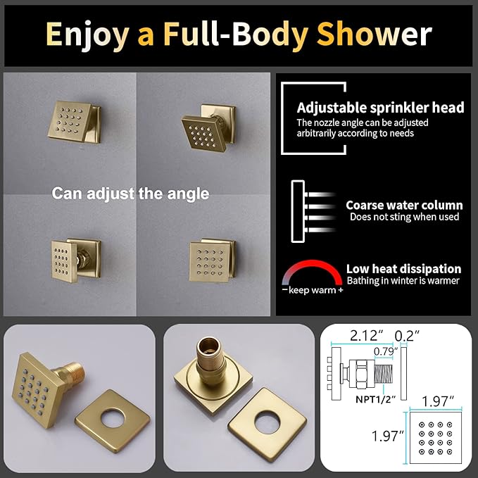 AYIVG Brushed Gold Thermostatic Rainfall Full Body Shower System With 2 In 1 Waterfall Rainfall Ceiling Mount 16 X 24 Inch Rain Shower Head 6 Jets Temperature Display Shower Faucet Set