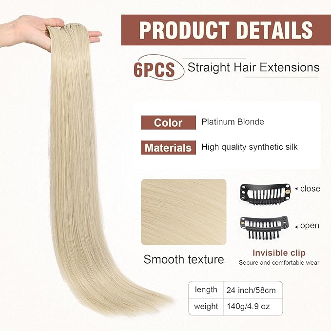 FLUFYMOOZ 6PC Clip in Hair Extensions 24" Straight Long Extensions for Women Synthetic Hairpiece (Platinum Blonde)