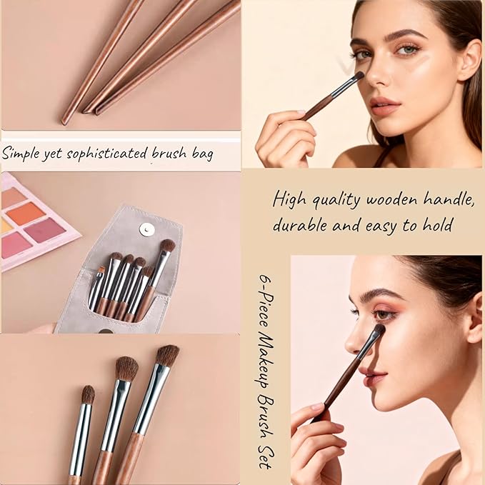SHELWIN Eyeshadow Makeup Brushes Set with Case 6 PCS Soft Synthetic Hairs Eye Makeup Brushes for Blending Eyebrow Eyeliner Eyeshadow （Wood）