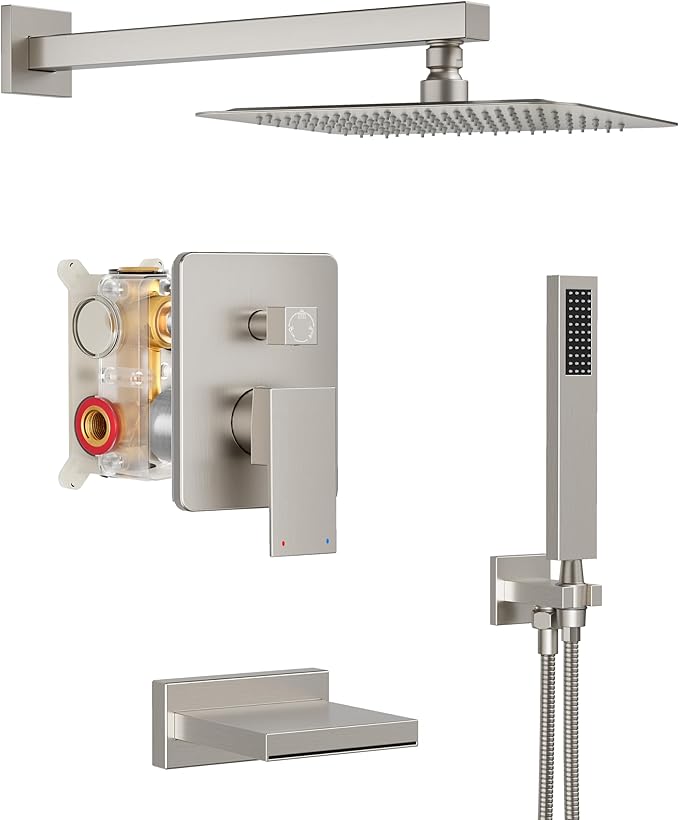 HoliSpa Shower System with Tub Spout, All Metal Tub Shower Faucet Set with 10" Rain Shower Head and Handheld Spray combo, Wall Mounted Tub Shower Systems with Valve and Trim Kit, Brushed Nickel