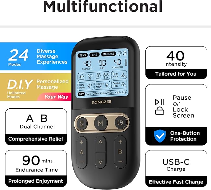 4 in 1 - D.I.Y & Tens Unit & EMS & Massage Muscle Stimulator, Dual Channel TENS Units Therapy Machine for Pain Relief, FDA Cleared Rechargeable Electronic Pulse Massager,with 12pcs Electrode Pads