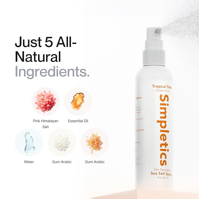 Simpletics Himalayan Sea Salt Spray for Straight & Wavy Hair - All Natural, 5 Ingredient, Texturizing & Volumizing Product - Vanilla Scented - Adds Volume, Texture, Beach Look to Men & Women, 2 Pack