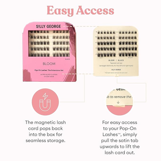 Silly George Pop-On Lashes - DIY 1-Step Pre-Glued Faux Eyelash Clusters, Natural Look Extensions, Black - Bloom, 5-7 Pair Set, Pack of 60 Clusters