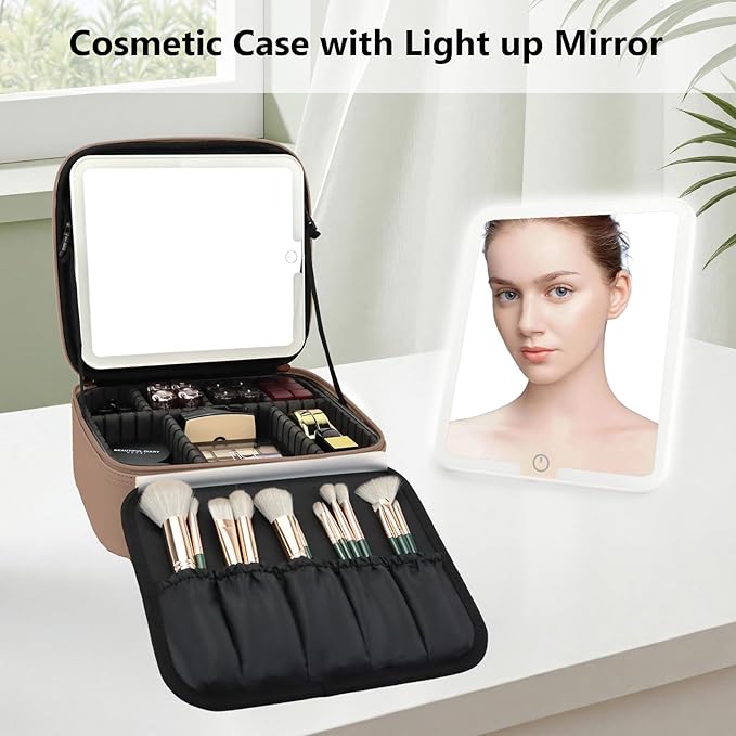 SLUMAZI Travel Makeup Bag with LED Mirror Travel Makeup Organizer with 3 Lighted Settings, Adjustable Dividers and Makeup Brush Storage Bag Mocha