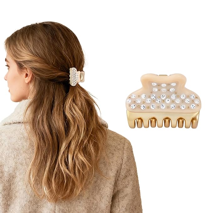 18K Gold Plated Small Claw Clips - 1.7 Inch Cute Rhinestone Hair Clips for Women Girls Thick Thin Hair, Premium French Hair Accessories for Half-Up, Birthday Valentine's Gift for Her, Beige