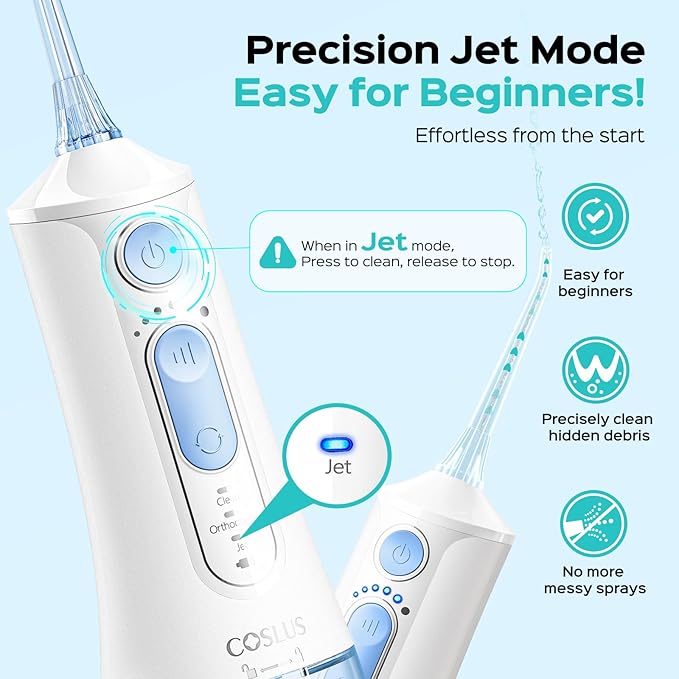COSLUS Portable Water Flosser for Teeth: 3 Modes & 6 Pressure Settings with Jet Mode Water Dental Pick for Orthodontic, Braces, Sensitive Gums, Compact for Travel, 300ML for Multiple Users, White C51