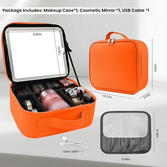 SUILU Travel Makeup Bag with LED Mirror and Light Travel Makeup Case Cosmetic Organizer Portable Cosmetic Brush Organizer Bag with Adjustable Dividers for Cosmetics Makeup Brushes Toiletry (Orange)