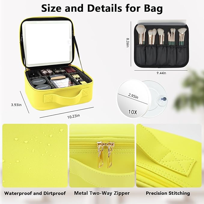 SLUMAZI Travel Makeup Bag with LED Mirror and 10x magnifying glass with 3 Lighted Settings, Adjustable Dividers and Makeup Brush Storage Bag Yellow