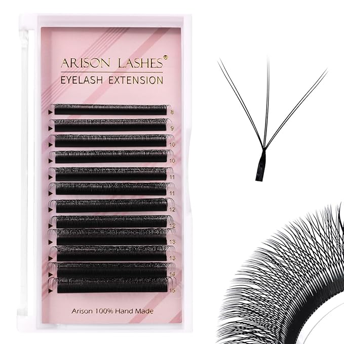 Arison Lashes Double Layers 3DW Shape Eyelash Extension Natural Soft Volume 0.07mm D Curl 8-15mm Mix Premade Fans Faux Mink Matte Black 12 rows