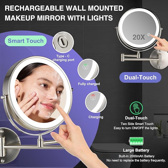 Magnifying Mirror with Lights 1X/20X: 8.5" Double Sided 2000mAh Rechargeable Wall Mounted Lighted Makeup Mirror for Bathroom, Brushed Nickel