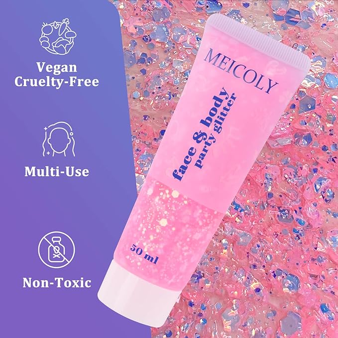 MEICOLY Chameleon Baby Pink Body Glitter,Pink Turn to Purple Face Glitter Paint,Holographic Color Changing Mermaid Face Glitter Gel for Hair,Self-Adhesive Chunky Glitter for Halloween Festival Party