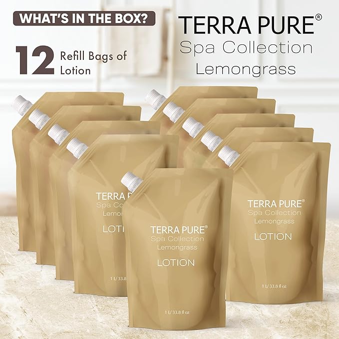 Terra Pure Spa Collection 1 Liter Lotion Refill Bag For Soap Dispensers | Bulk Toiletries for Vacation Rentals, and Home Bathroom Showers | Green Tea Lemongrass | Set of 12