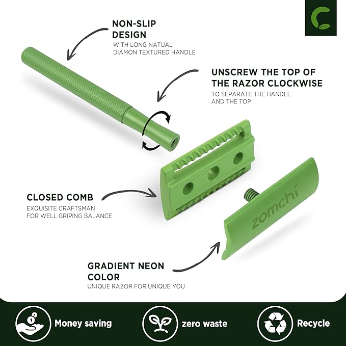 ZOMCHI Double Edge Close Comb Safety Razor with Stand, Shaving Razor for Men with 10 Safety Razor Blades, Reusable Single Blade DE Metal Razor – Fern Green