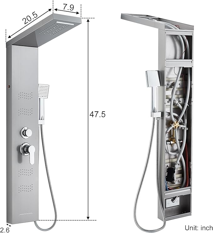 TSIBOMU Shower Panel Tower System with LED Lights, Stainless Steel 5 in 1 Shower Panel with Rainfall Waterfall Shower Head, Body Spray, Handheld Shower, Tub Spout (Brushed)