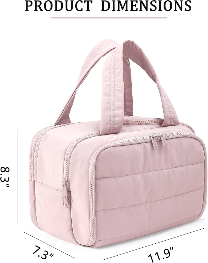 BUZFOWU Travel Toiletry Bag for Women, Large Wide-open Puffy Cosmetic Makeup Bag with Wet-Dry Separation, Multi-Pocket Organizer with Carry Handle for Toiletries, Cosmetics, Essentials, Light Pink