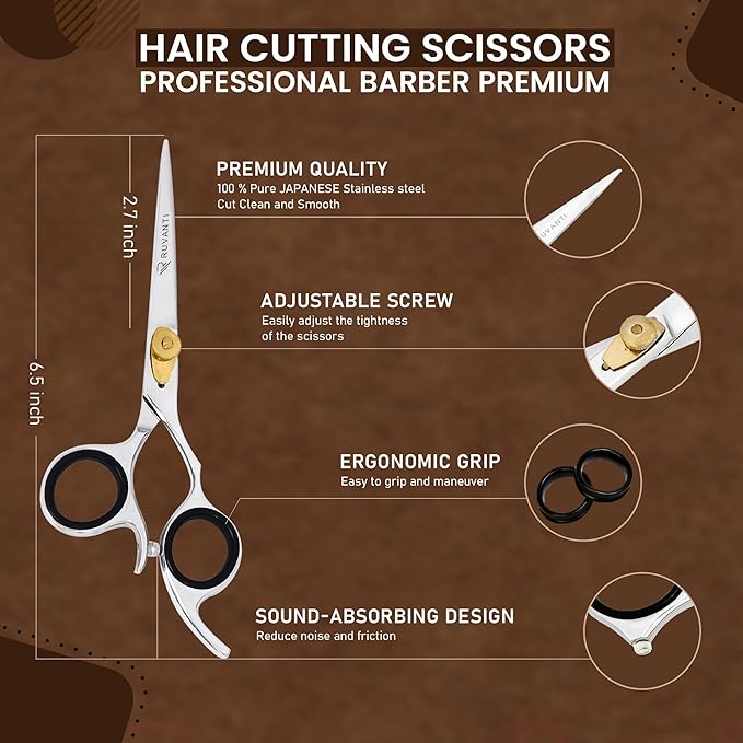 Ruvanti Hair Cutting Scissors - Professional Barber Premium Shears For Salon And Home Use, Sharp & Durbale Stainless Steel Blades for essential hair care & grooming, Comfortable Grip Handles
