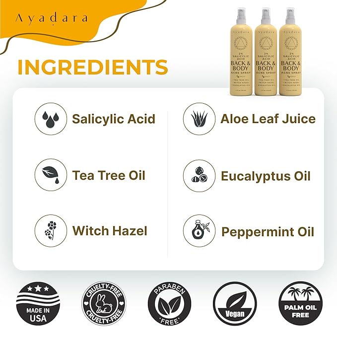 Acne Treatment Body Spray with 2% Salicylic Acid, Tea Tree Scent, for All Hair Types, Soothing and Moisturizing, 3-Pack