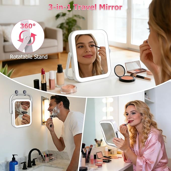 FUNTOUCH 30X/1X Travel Makeup Mirror with Lights, 3000mAh Rechargeable 2-Sided Magnifying Mirror, Portable Vanity Mirror, 3-Color Lighting Dimmable Touch Screen, for Women Gift, White