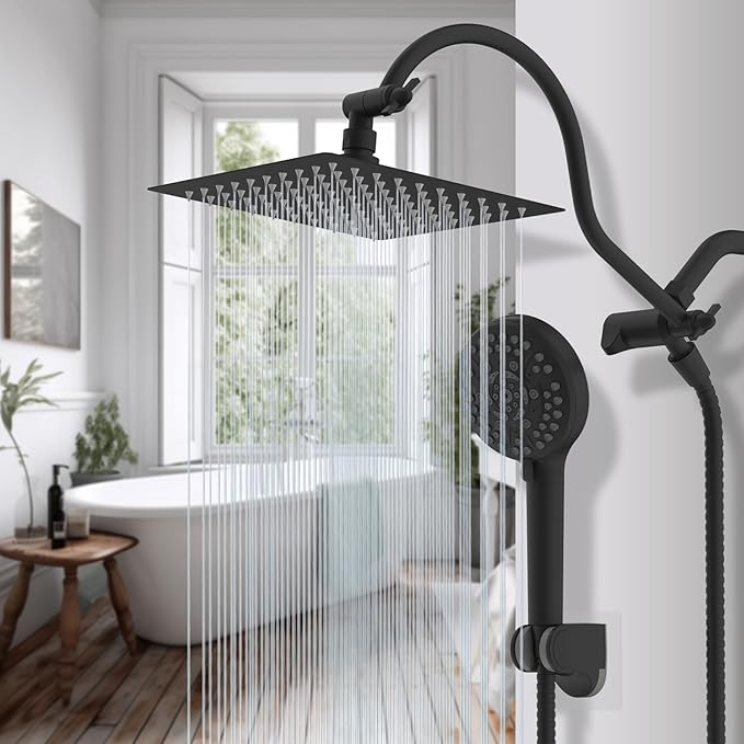 Hibbent All Metal CUPC Certified Shower Head, 8'' High Pressure Rainfall Shower Head, Handheld Showerhead Combo, 12'' Adjustable Extension Arm, 10 Sprays, 71'' Hose, Shower Holder, Matte Black