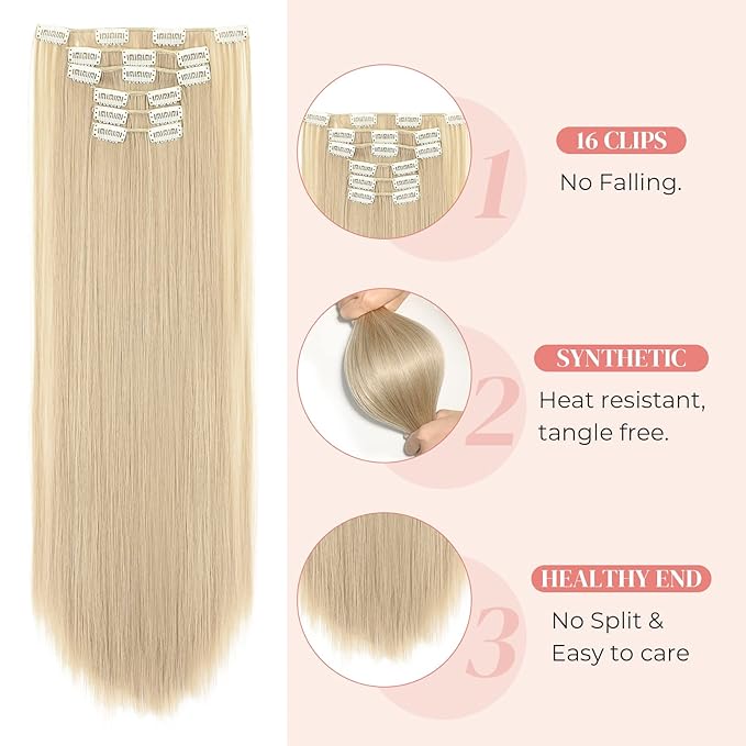 LONAI 6PCS Clip In Hair Extensions, 24" Long Straight Synthetic Clip On Hairpiece For Women Natural Ash Blonde