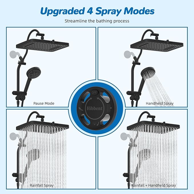 Hibbent cUPC Certified 13'' Shower Head Combo, High Pressure 5 Spray Rainfall Showerhead, 10 Spray Mode Handheld, All Metal Easy Reach 4-way Diverter Arm with Pause Mode, 71'' Hose and Holder, Black