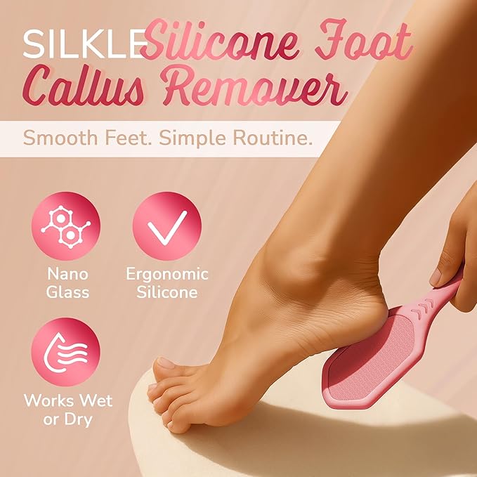Nano Glass Foot File - Silicone Foot Callus Remover for Feet and Cracked Heels - Heel Scraper for Dead Skin - Ergonomic Foot Scrubber & Exfoliator for Shower with Non-Slip Grip - Pink