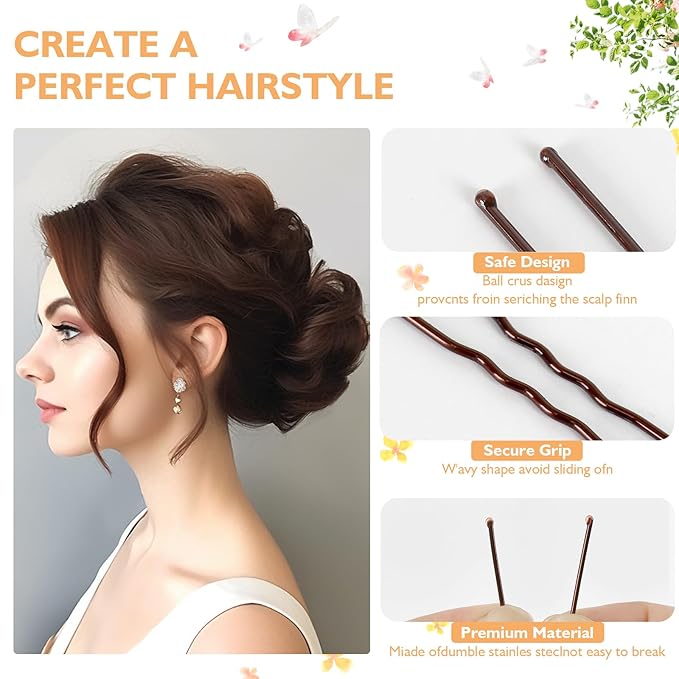 300Pcs U-Shaped Hair Pins (2.8IN, 2.4IN, 2IN) for Women, Kids, Girls - with Storage Box, 2Pcs Thick Seamless Hair Ties, and 50Pcs Elastic Hair Bands in Brown for All Hair Types