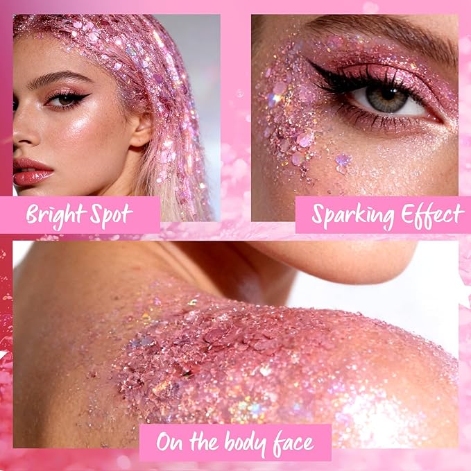 Pink Body Glitter Gel, Chunky Sequins Body Face Glitter Singer Concert Outfits for Face Body Hair, Chameleon Color Changing Glitter Gel for Party Mermaid Accessories Shimmer Makeup #4