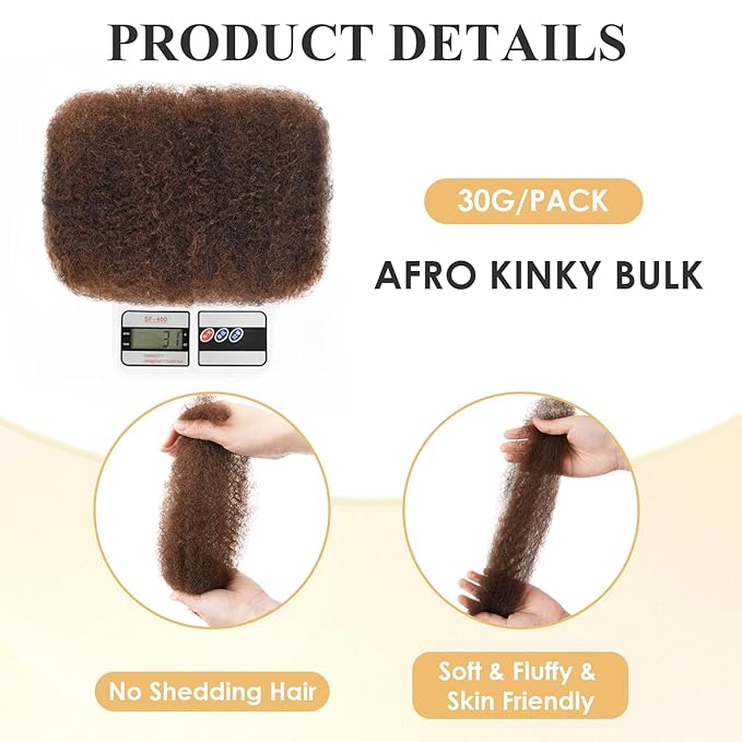 Teresa Afro Kinkys Bulk Human Hair for Twists, Braids and Dreadlocks, Natural and Soft Afro Kinky Curly Human Hair Bulk Can be Dyed and Bleached (16 Inch, #4, 30g/Pack)