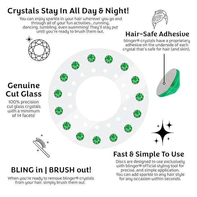 blinger® Shimmer Crystal Refill Pack – as seen on Shark Tank | 5 Discs – 75 Precision-Cut Glass Crystals | Hair-Safe Accessories | Styling Tool Not Included| Emerald 4 mm