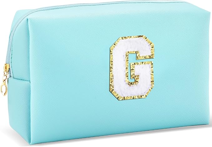 URSKYTOUS Gifts for Girls Initial Makeup Bag Personalized Cosmetic Bag with Zipper Cute Travel Toiletry Bag Waterproof PU Preppy Makeup Pouch Birthday Gift for Teen Girls Women(Blue G)