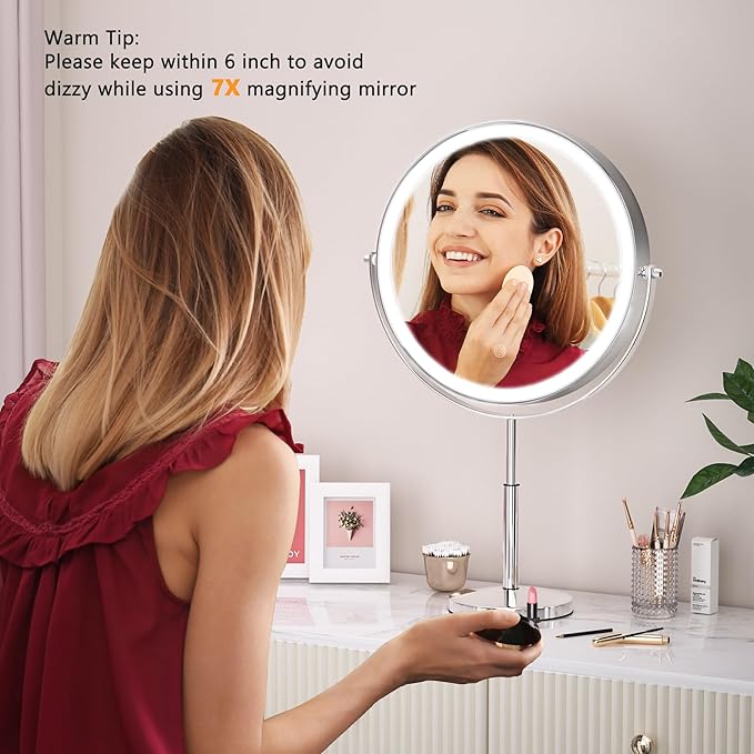 Hasipu 10” LED Makeup Mirror with 7X Magnification - Rechargeable Vanity Mirror, 3 Color Modes, Touch Control, 360° Rotation & Adjustable Height