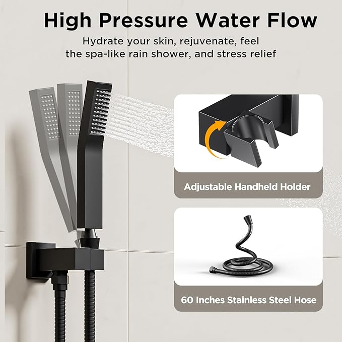 Shower Systems with 4 Body Spray Jets, STARBATH 4 Way 12+6" Rainfall Shower Head with Handheld Combo, Wall Mounted Shower Jets System Shower Faucet Sets Complete, Matte Black