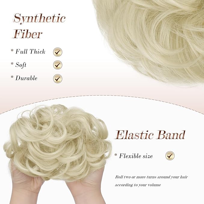 FESHFEN Messy Bun Hair Piece - Large Elastic Wavy Curly Hair Bun Scrunchies Ponytail Extensions Synthetic Chignon Hairpieces for Women, Platinum Blonde 1.94oz