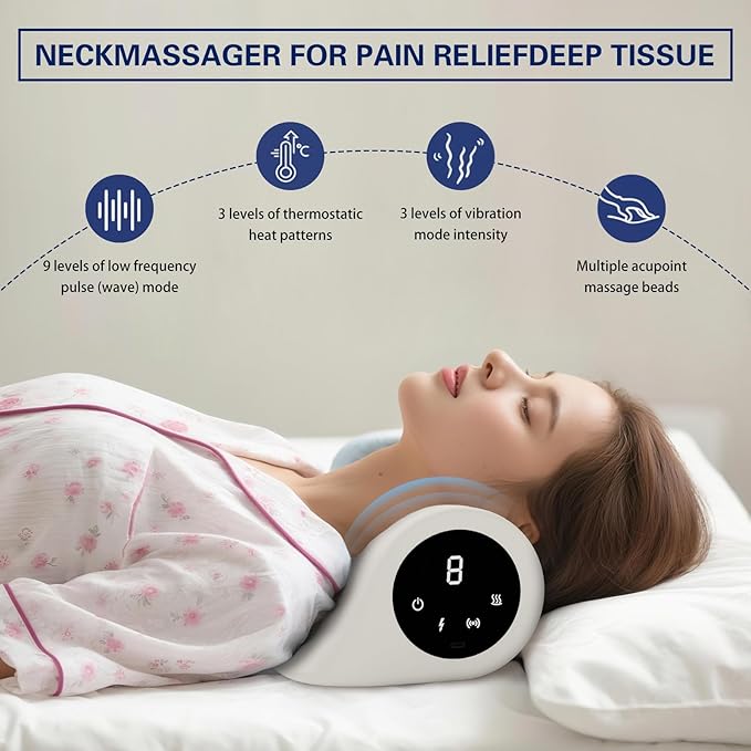 Neck Massager with Vibration Function, 3 Modes Neck and Shoulder Relaxer Pillow with Heat 26°Angle Cervical Traction Device, Massager with Heat for Pain Relief Deep Tissue