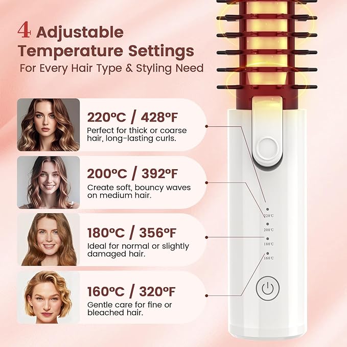 Youbella Cordless Hair Curling Iron Brush, Portable Travel Hair Curler, Mini 1.5″ Heated Round Brush, 3-in-1 USB Rechargeable Straightening Wand for Styling & Smoothing, 200 Million Ionic Care, White