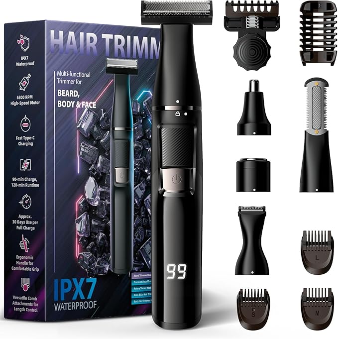 Electric Razor for Men 5 in 1, Beard Trimmer Kit with Adjustable 1–8mm Comb, Body Shaver, Nose & Ear Hair Trimmer, IPX7 Waterproof, Type-C Fast Charge, LED Display, 120-Min Cordless Use